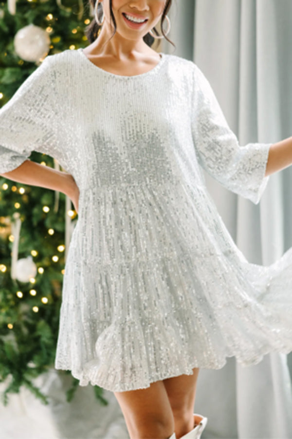 EP | Paillettes argentées Party Demi-manches Encolure ronde Mini-robe