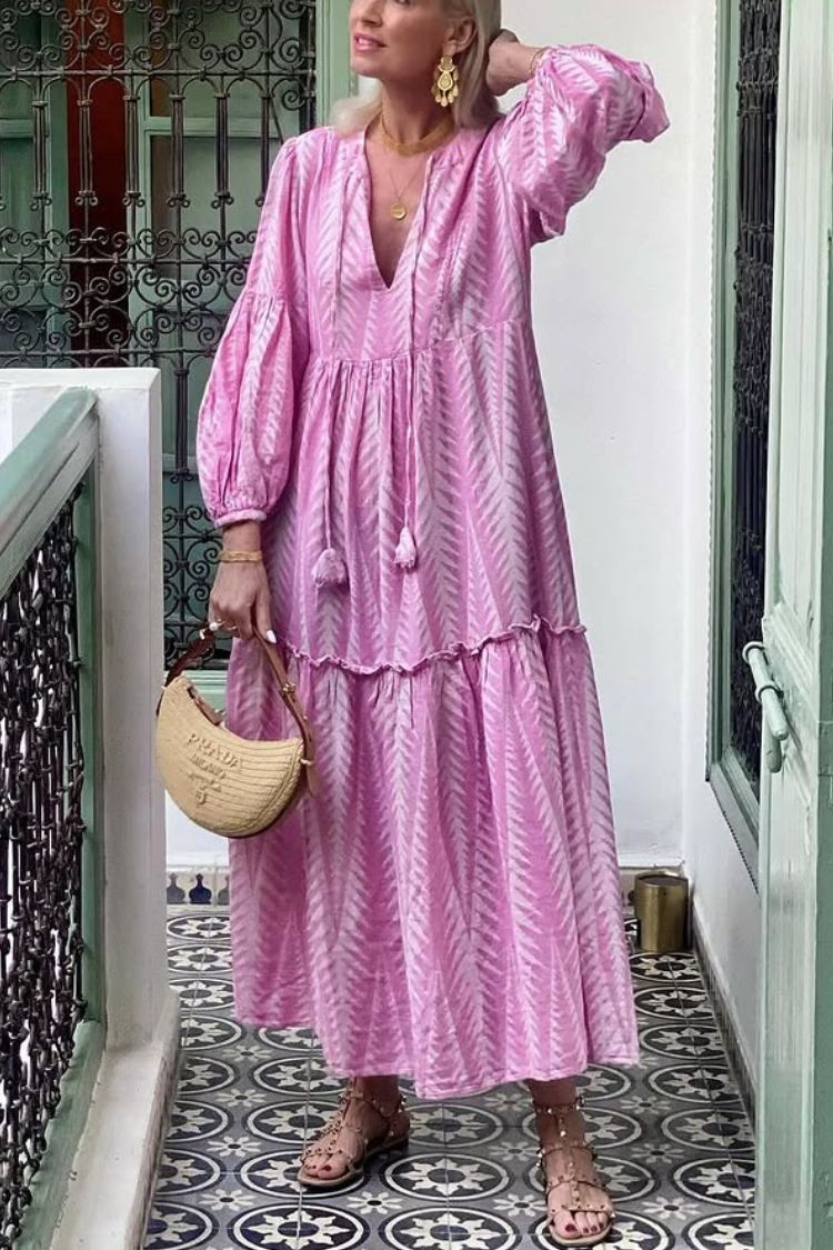 EP | Marrakech Stories Robe midi imprimée en lin mélangé avec manches ballon et poches en ligne A