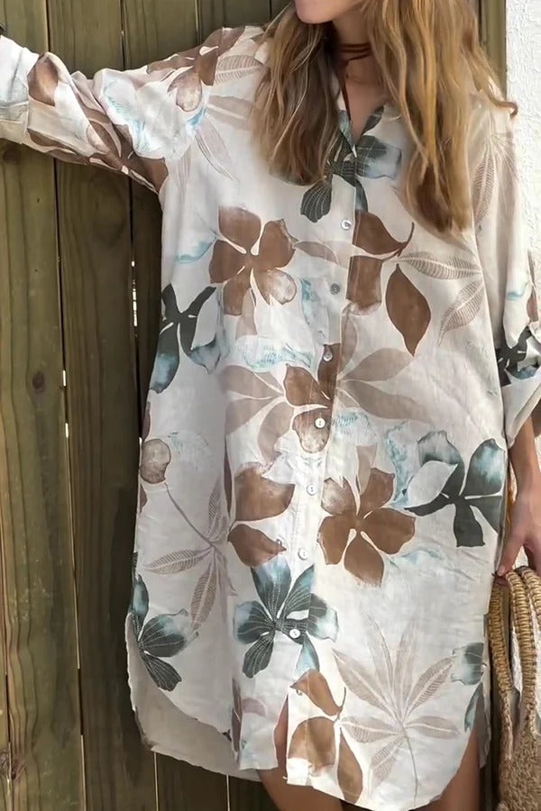 EP | Botanical Print Robe midi ample à manches longues, simple boutonnage, avec poches