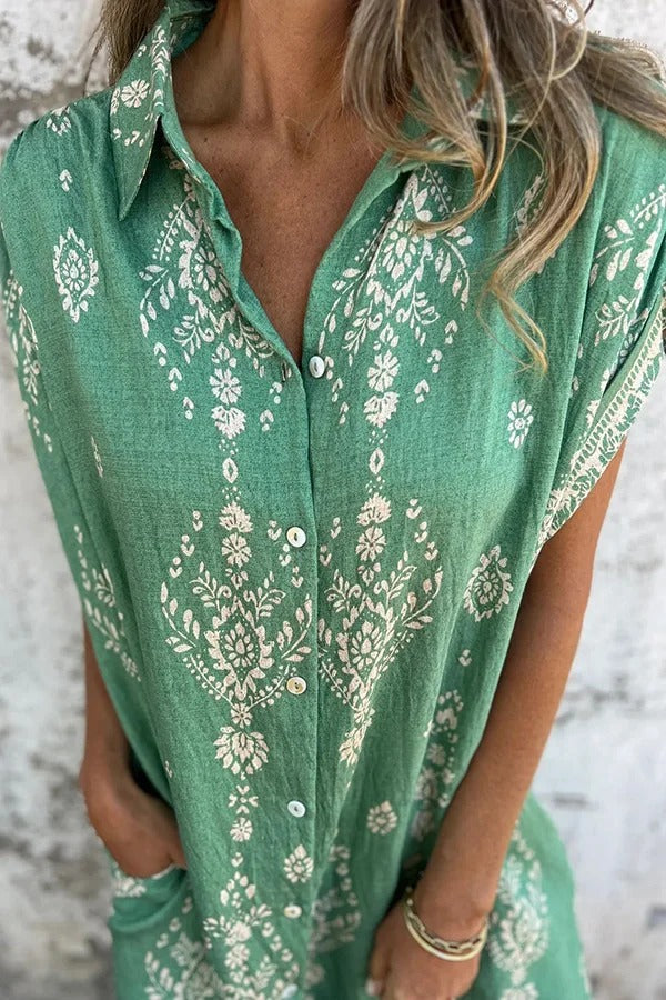 EP | Mélange de lin Impression unique Revers occasionnelle poche Mini-robe