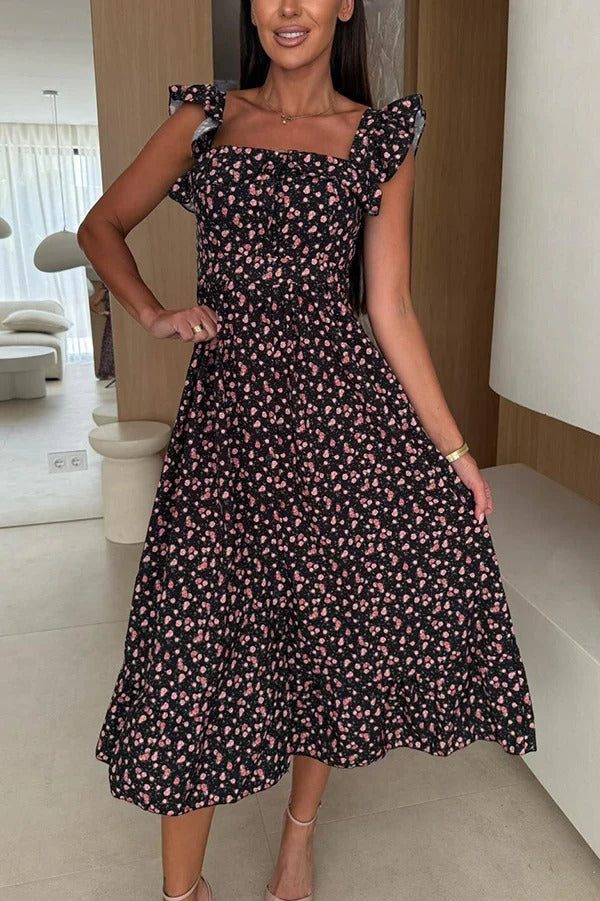 EP | Floral Print Encolure carrée Robe midi plissée au dos