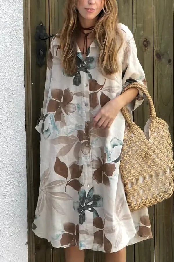 EP | Botanical Print Robe midi ample à manches longues, simple boutonnage, avec poches