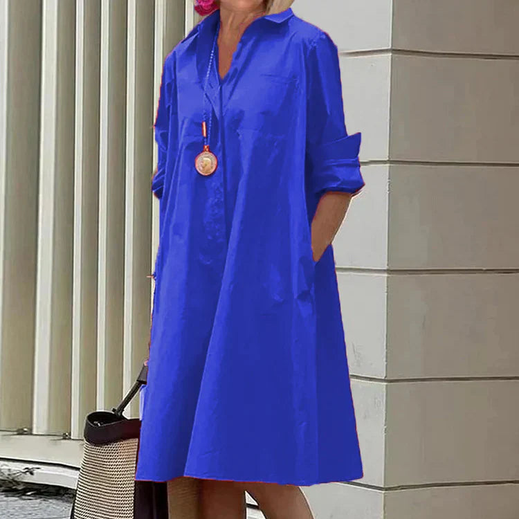 ND | Printemps/Été Nouveau Type de Mode Tempérament Col Chemise Manches Longues Pocket Robe Demi-Longue