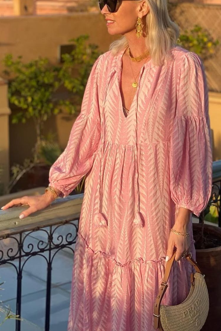 EP | Marrakech Stories Robe midi imprimée en lin mélangé avec manches ballon et poches en ligne A