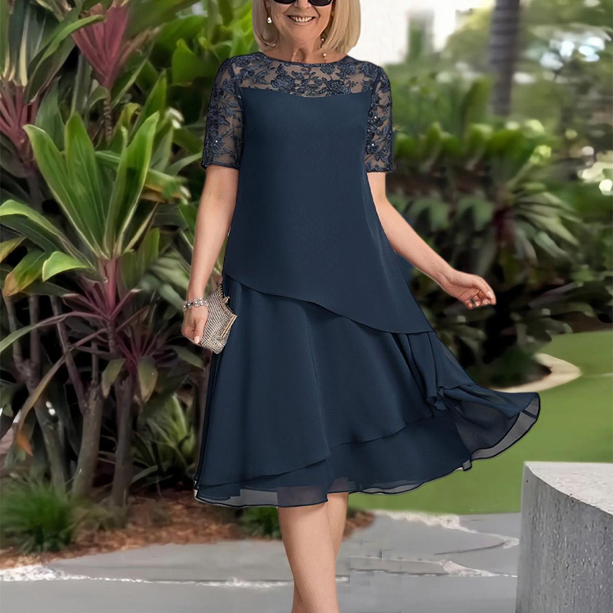 EP | Robe midi unie bleu marine à manches courtes