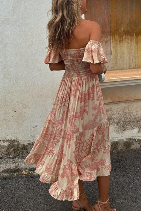 EP | Pitaya Imprimé unique Epaules libres Manches smockées Frou-frou Robe midi stratifiée