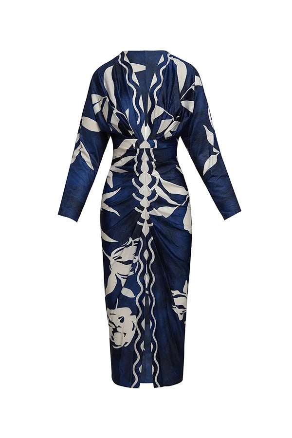 EP | Caliana Imprimé unique Dolman manches longues ruché fente robe midi