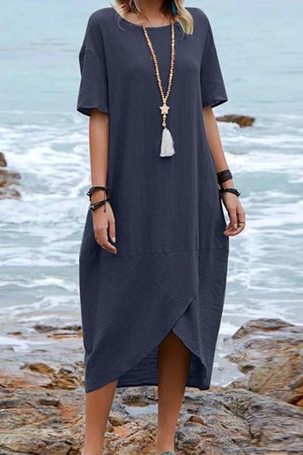 EP | Couleur solide coton lin rétro col rond manches courtes robe midi