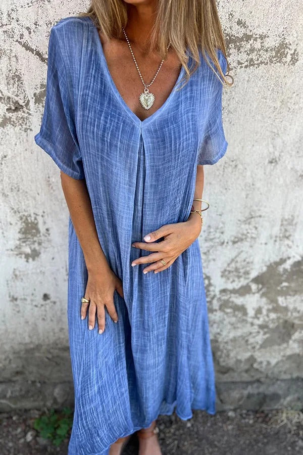 EP | Bayside Bliss mélange lin manches courtes robe midi plissée ample