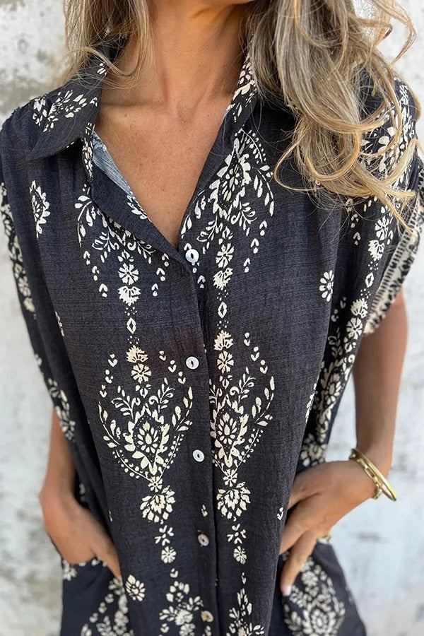 EP | Mélange de lin Impression unique Revers occasionnelle poche Mini-robe