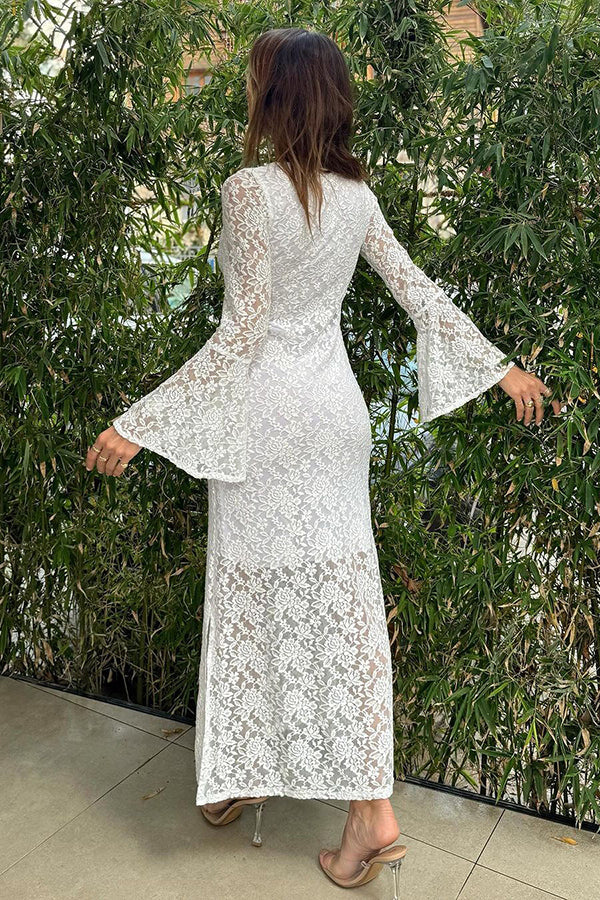 EP | Luxe Lifestyle Dentelle Carré Décolleté Cloche Manches Doublé Fente Robe Midi