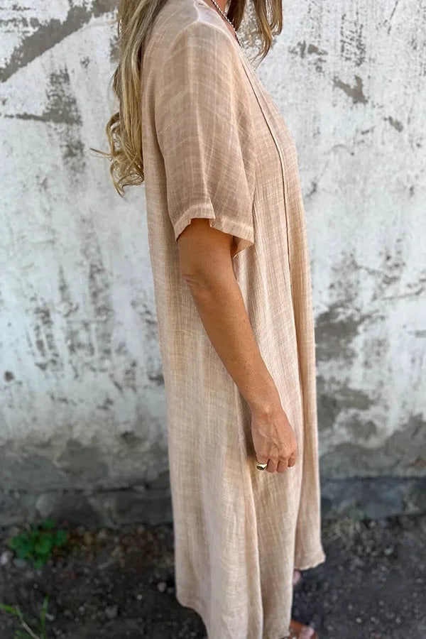 EP | Bayside Bliss mélange lin manches courtes robe midi plissée ample