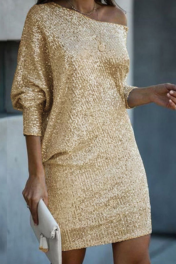 EP | Paillettes solides Off-shoulder Mini Robe en vrac