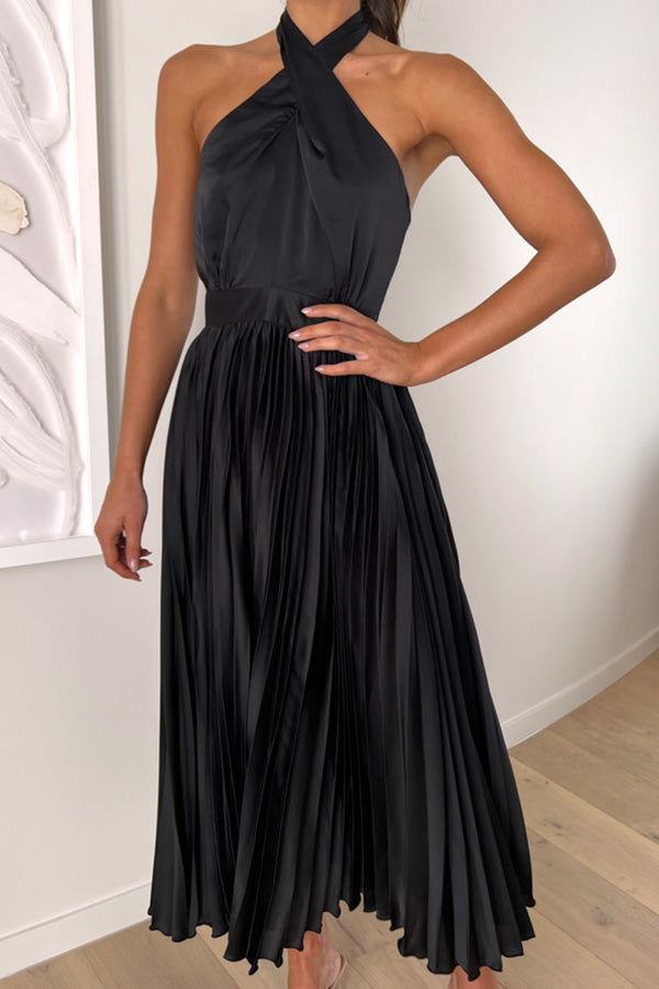 EP | Beaming Smile Robe midi plissée en satin ras du cou