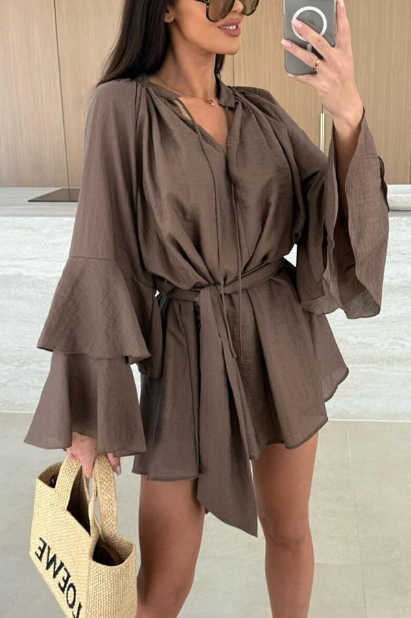 EP | Mélange de lin Molly Tiered Bell Sleeve Tie-up Cover-up Mini-robe