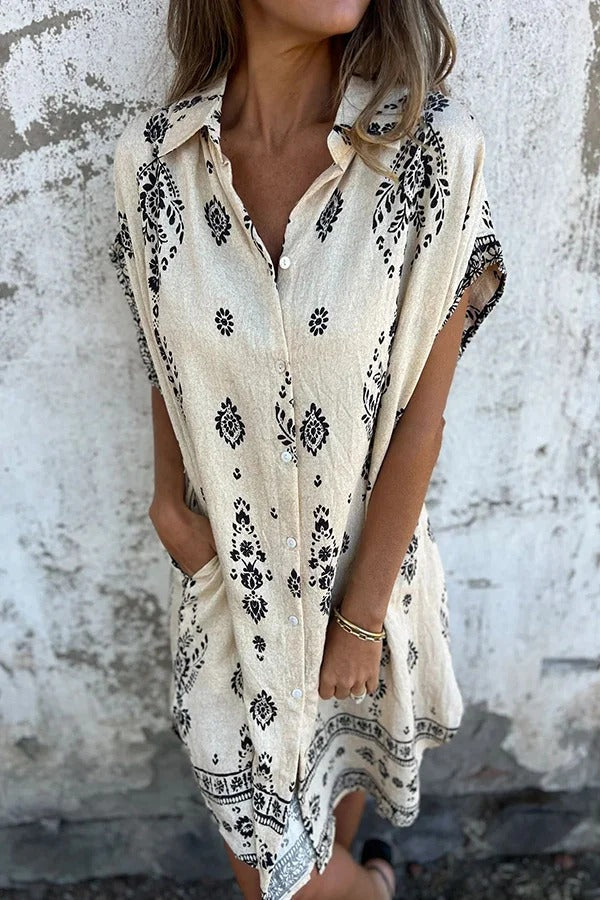 EP | Mélange de lin Impression unique Revers occasionnelle poche Mini-robe