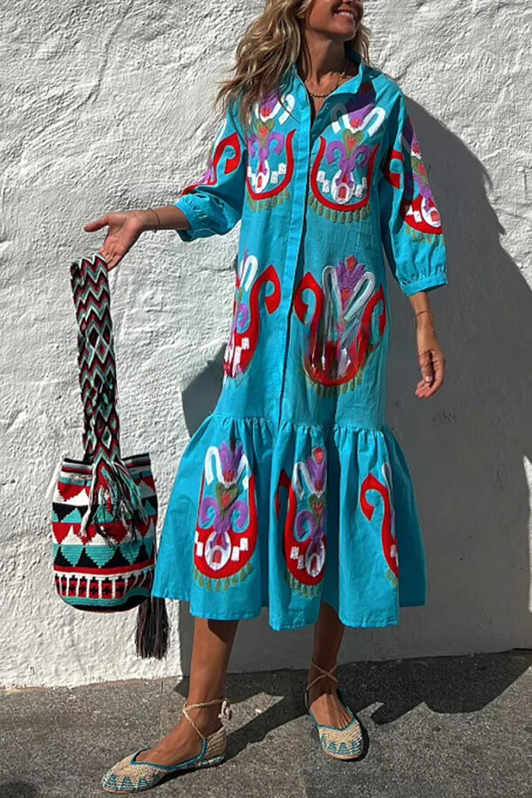 EP | Take Me To Cabo Ethnique Unique Bouton Imprimé Chemise Libre Robe Midi
