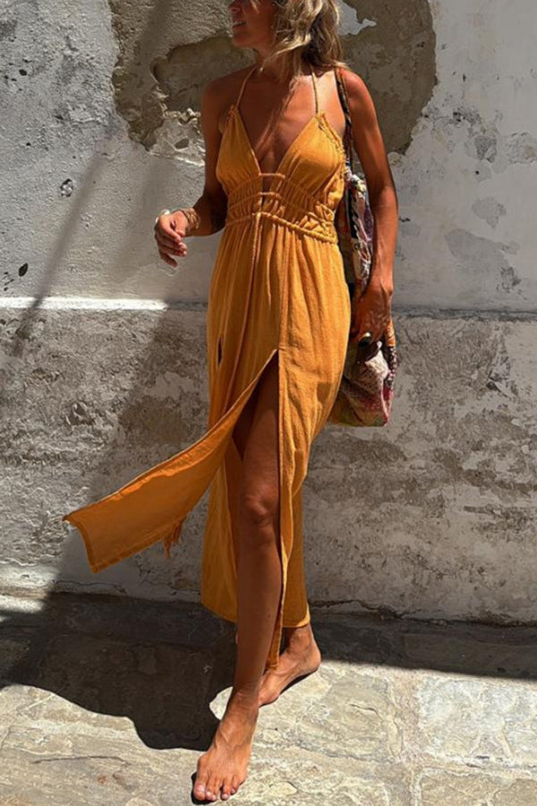 EP | Mélange de lin Taille élastique Halter Dos nu Fente Robe midi