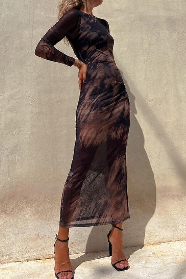 EP | Charm Lady Mesh Overlay Tie Dye Print manches longues ruchées robe midi stretch