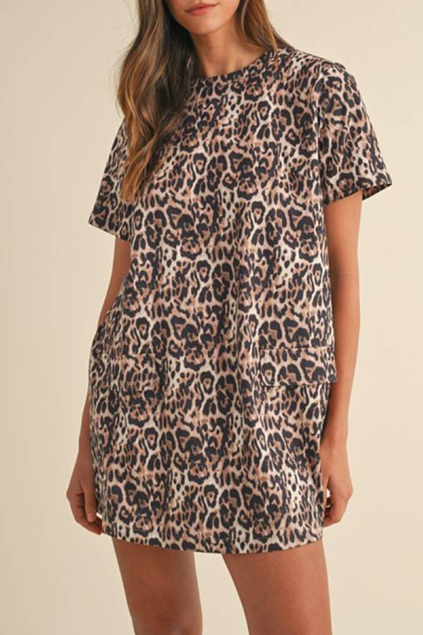 EP | Brown Leopard Print Mini-robe à manches courtes avec poche