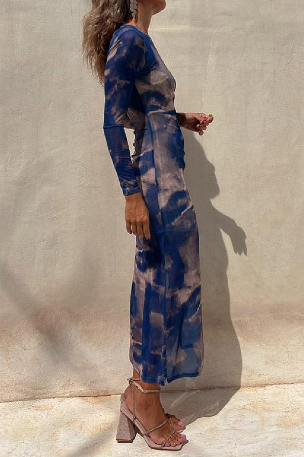 EP | Charm Lady Mesh Overlay Tie Dye Print manches longues ruchées robe midi stretch