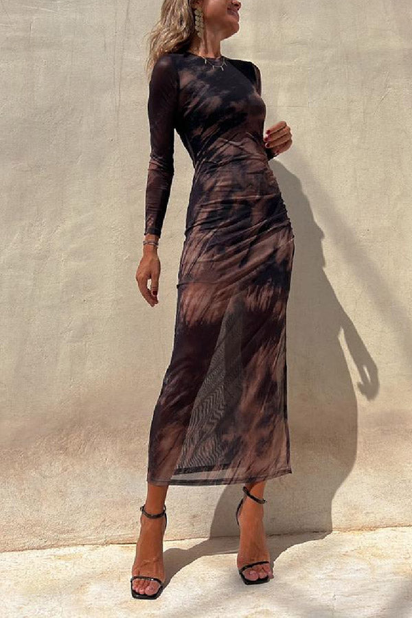 EP | Charm Lady Mesh Overlay Tie Dye Print manches longues ruchées robe midi stretch
