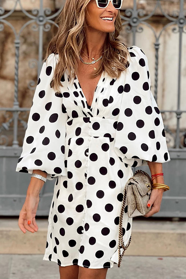 EP | Always The One Polka Dot Button Mini-robe à manches bouffantes