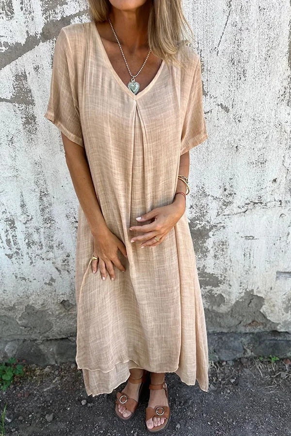 EP | Bayside Bliss mélange lin manches courtes robe midi plissée ample