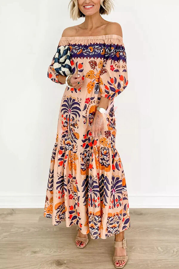 EP | Island Lover Robe midi fluide imprimée, épaules nues