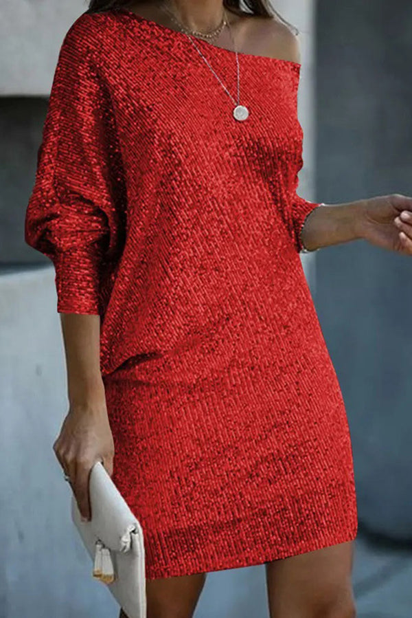 EP | Paillettes solides Off-shoulder Mini Robe en vrac