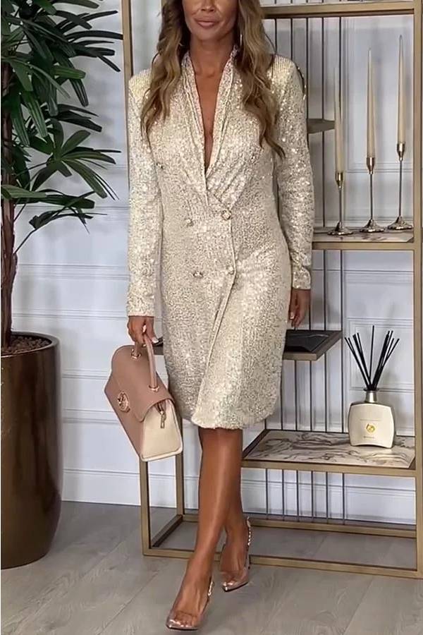 EP | Luxe Feeling Paillettes Bouton Up Robe midi manches longues Blazer