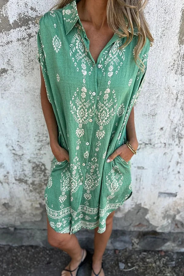 EP | Mélange de lin Impression unique Revers occasionnelle poche Mini-robe