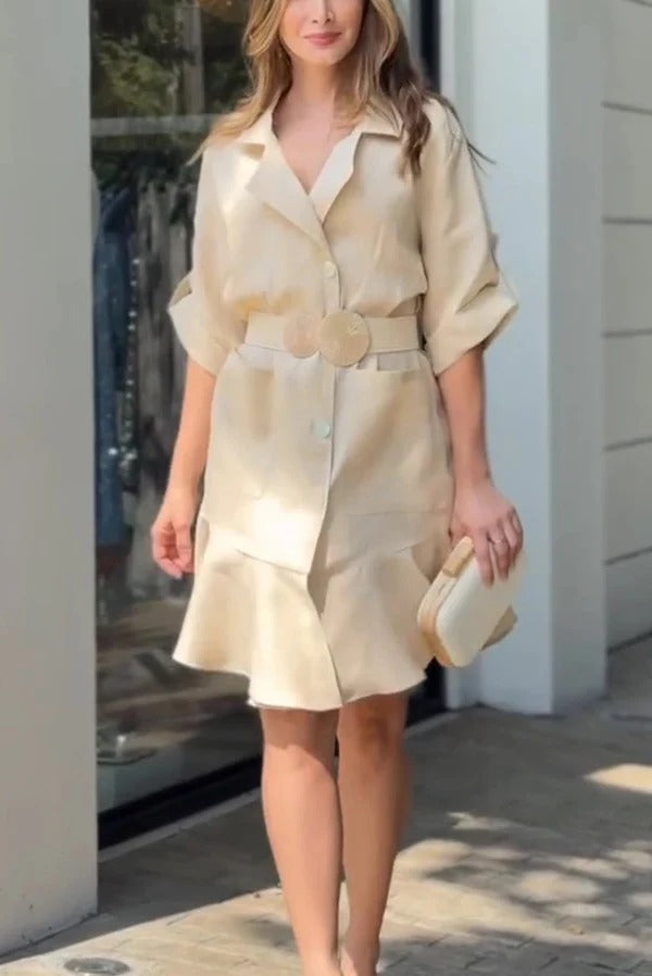 EP | Couleur solide Casual Revers de poche Ruffle Lose Mini Robe