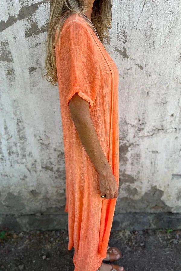 EP | Bayside Bliss mélange lin manches courtes robe midi plissée ample
