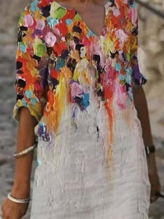 ND | Robe en lin de coton pour femme avec décolleté et imprimé peinture à l'huile