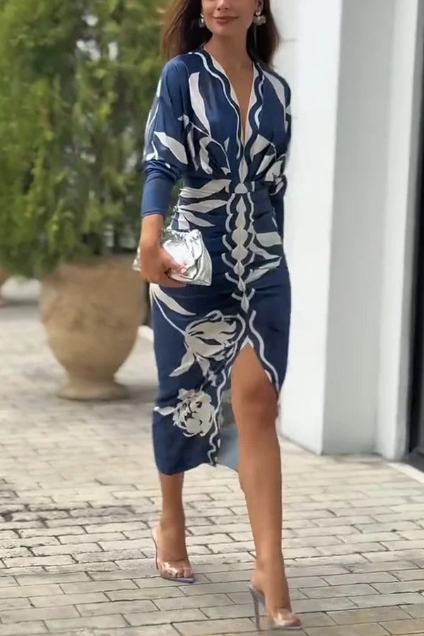 EP | Caliana Imprimé unique Dolman manches longues ruché fente robe midi