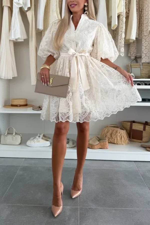 EP | Romantique été broderie dentelle manches bouffantes bouton cravate mini robe
