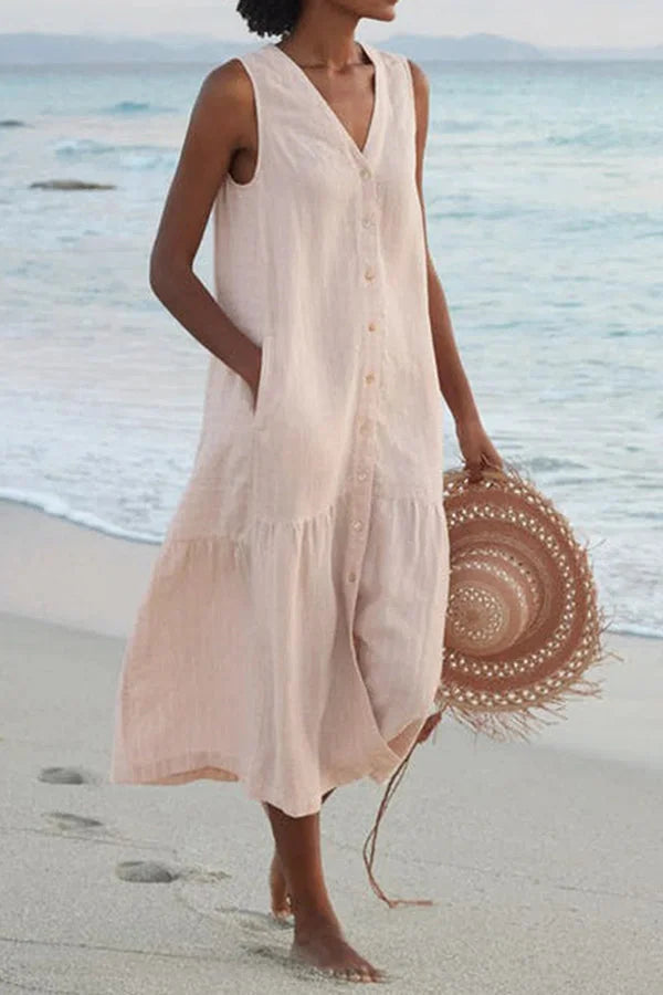 ND | Longue robe sans manches avec boutons et décolleté en V
