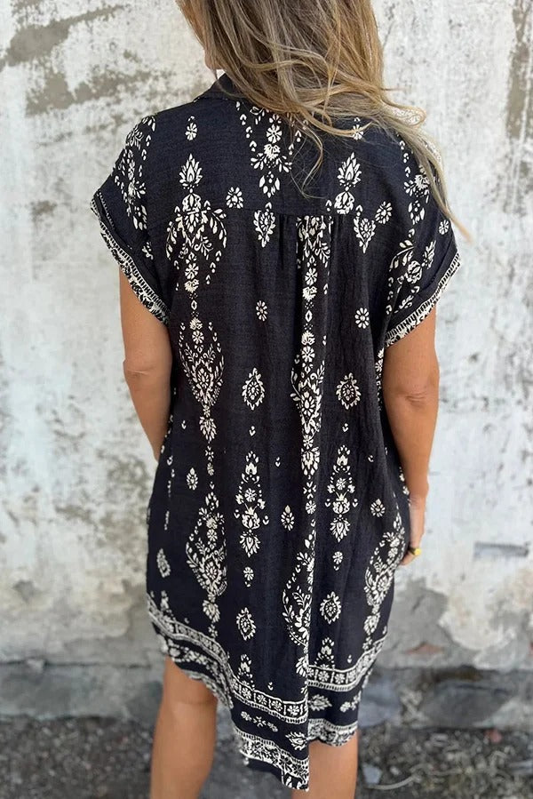 EP | Mélange de lin Impression unique Revers occasionnelle poche Mini-robe