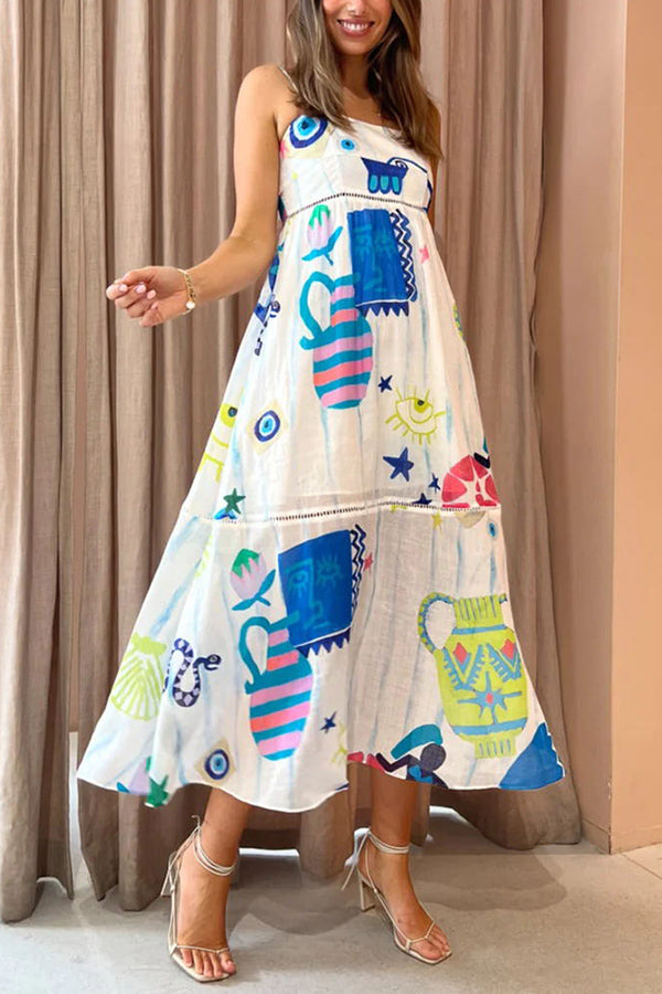 EP | She's The Fun Mélange de lin Imprimé ludique Trimée Robe Midi