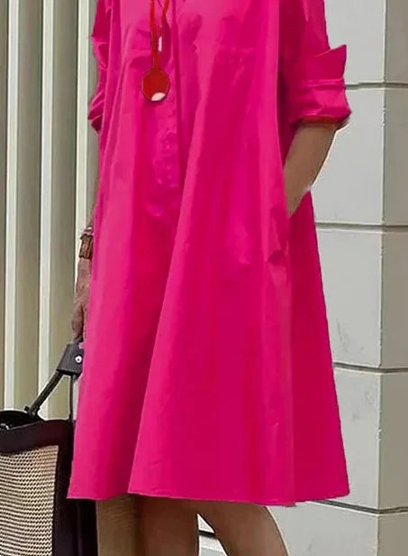 ND | Printemps/Été Nouveau Type de Mode Tempérament Col Chemise Manches Longues Pocket Robe Demi-Longue