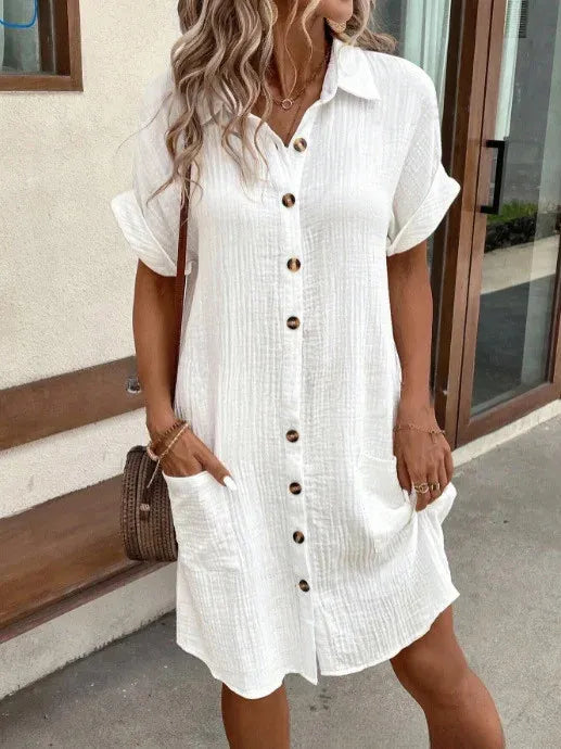 ND | Femme Coton Lin Chemise Robe Revers Manches Courtes Robe Unique