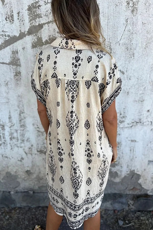 EP | Mélange de lin Impression unique Revers occasionnelle poche Mini-robe