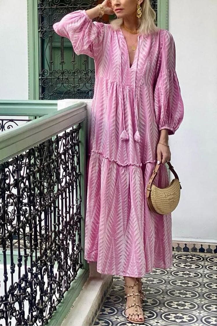 EP | Marrakech Stories Robe midi imprimée en lin mélangé avec manches ballon et poches en ligne A