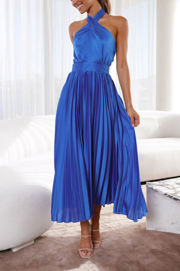 EP | Beaming Smile Robe midi plissée en satin ras du cou