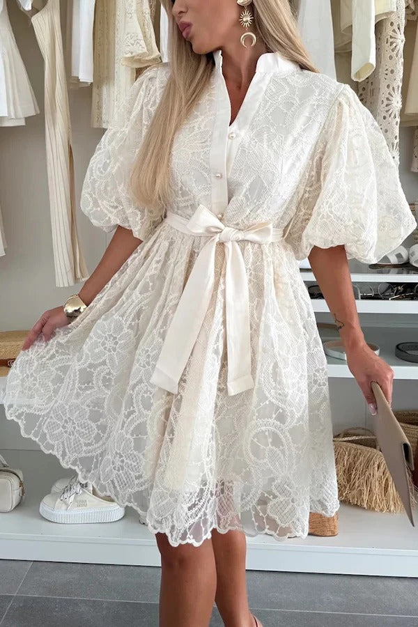EP | Romantique été broderie dentelle manches bouffantes bouton cravate mini robe