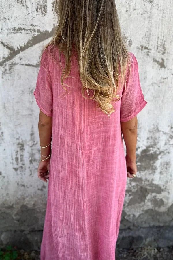 EP | Bayside Bliss mélange lin manches courtes robe midi plissée ample