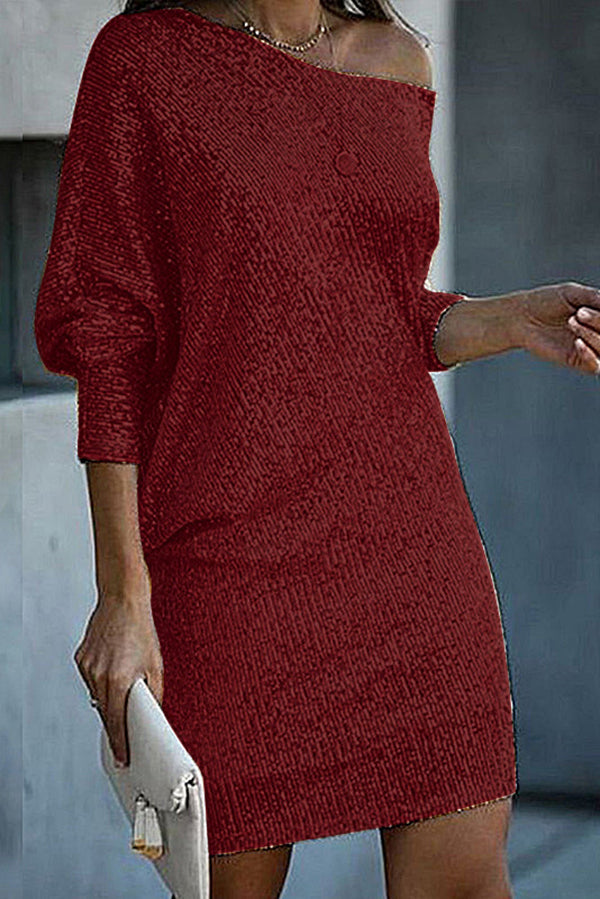 EP | Paillettes solides Off-shoulder Mini Robe en vrac