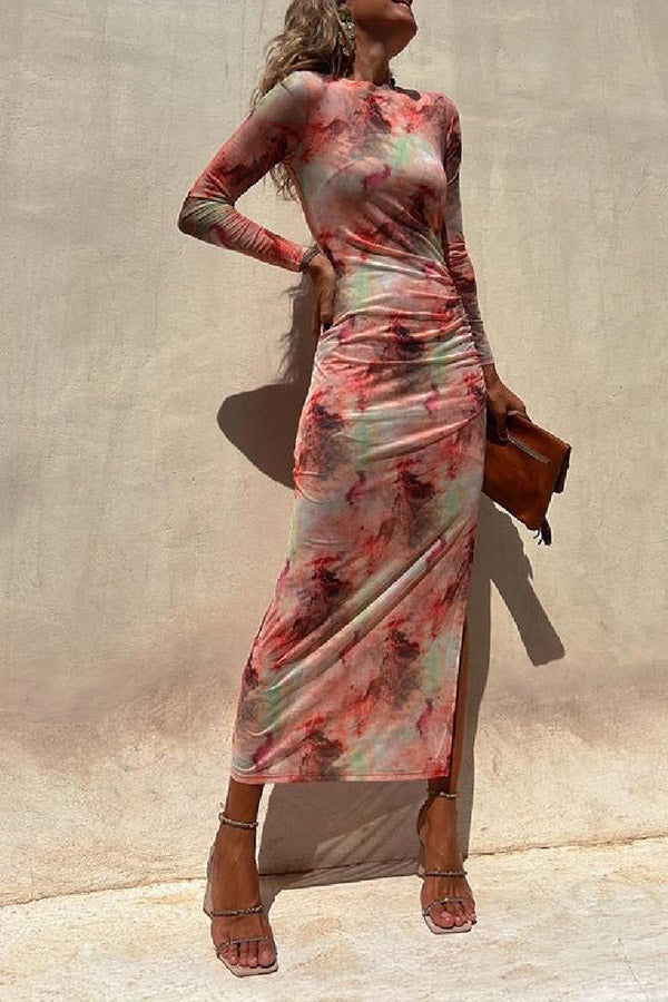 EP | Charm Lady Mesh Overlay Tie Dye Print manches longues ruchées robe midi stretch