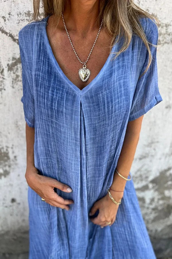 EP | Bayside Bliss mélange lin manches courtes robe midi plissée ample